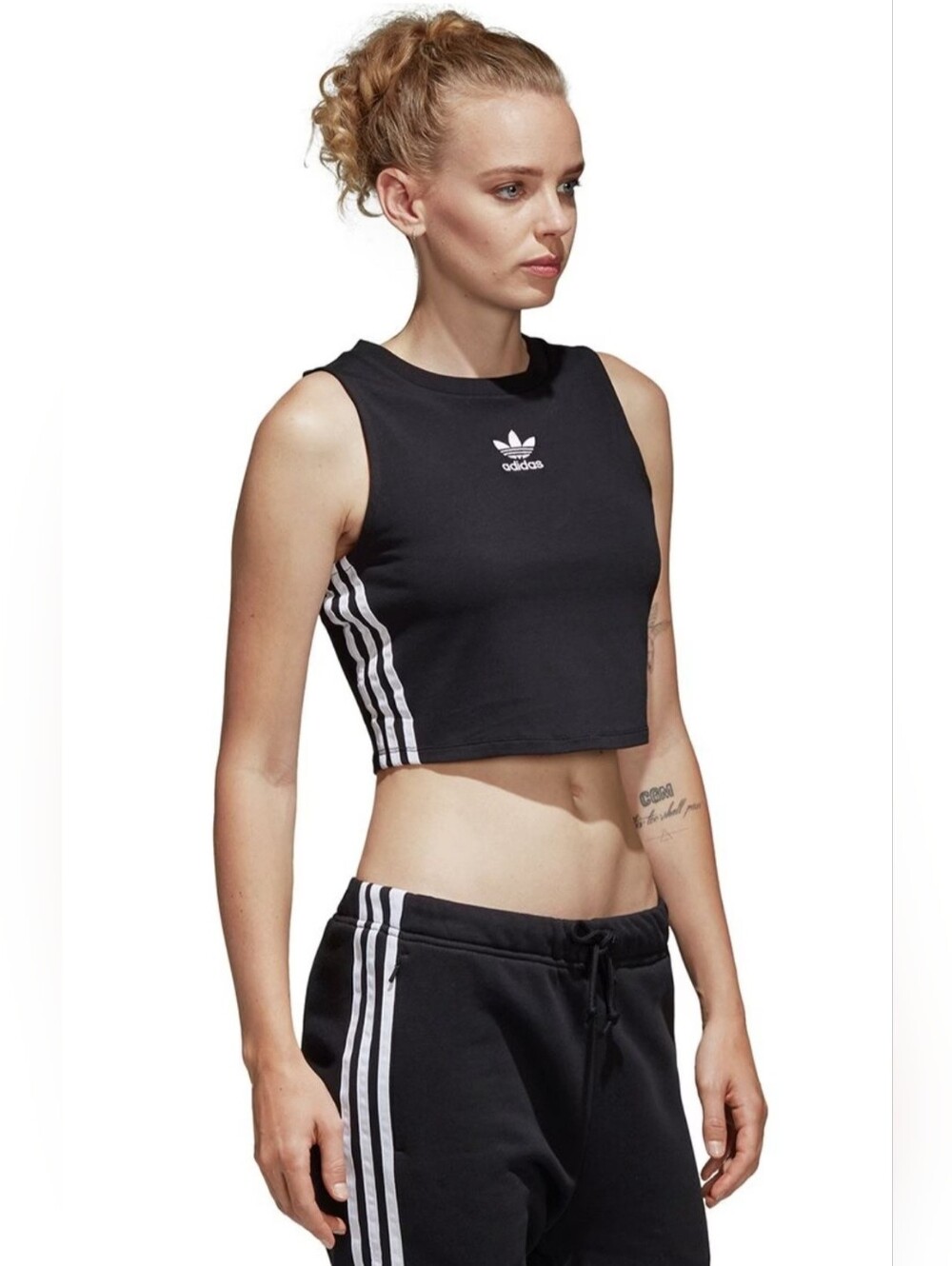 Adidas Originals Black Cropped Tank with White Trefoil and Side Stripes